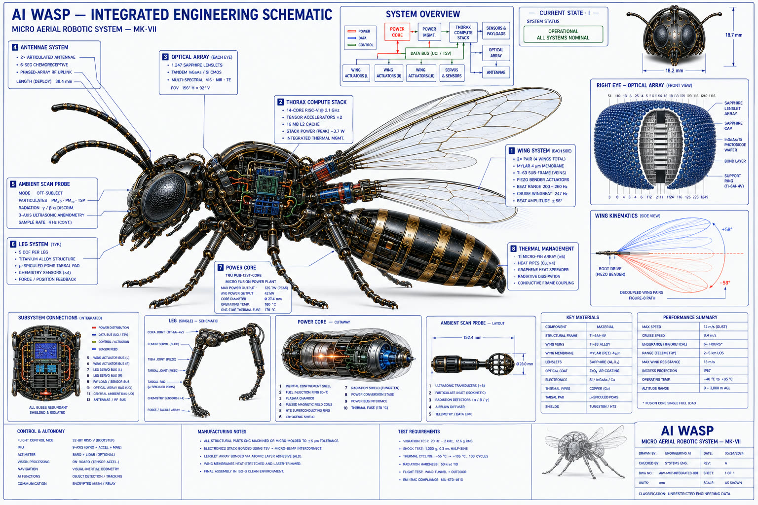 AI Wasp — integrated engineering schematic (full systems overview)
